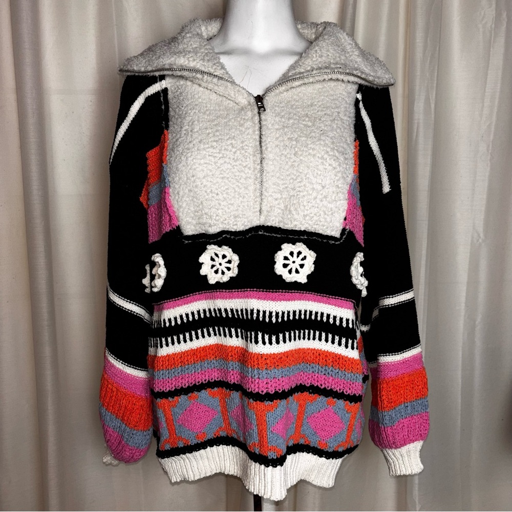 POL Half-Zip Patchwork Chenille Stand Up Collar S… - image 1